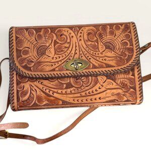 Vintage Tooled Leather Saddle Bag Floral Boho Crossbody 70s Signed